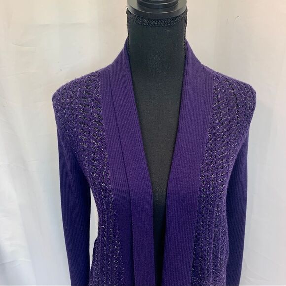 JONES New York purple metallic glitter open Front asymmetrical knit cardigan S - Picture 3 of 10